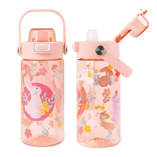 alldomess 20oz Kids Water Bottle For School or Travel, Leak-Proof & Dishwasher, Durable Plastic Sport Water Bottle With Straw and Handle, Rabbit