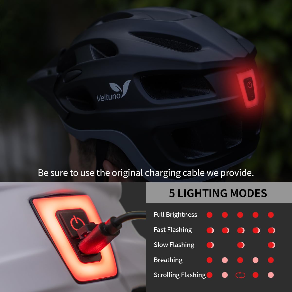 Veltuno Bike Helmet for Adults, Lightweight Mountain Bicycle Helmet with USB Rechargeable LED Rear Light, Removable Sun Visor for Women, Men, Suitable for Cycling and Commuting (Black, Large)