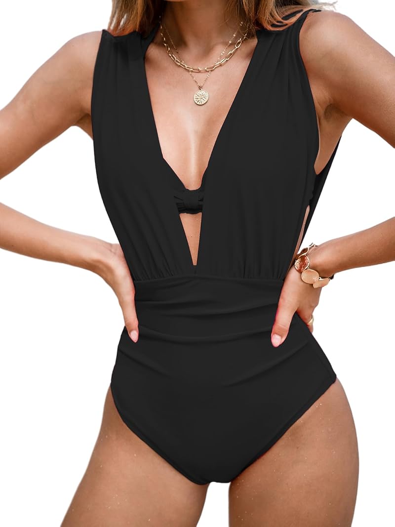CUPSHE Women's One Piece Swimsuit Plunge V Underwire Push Up Swimwear - Black, Large