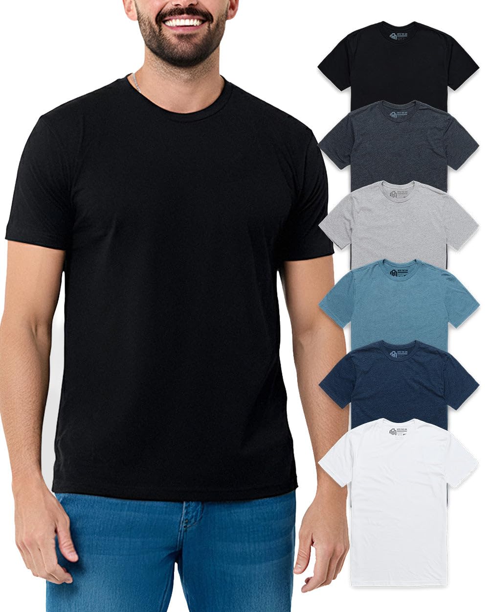 INTO THE AM Men's Plain Tees 6 Pack Multipack - Fitted Crewneck Gym Casual Workout Tshirts Shirts for Ment (Black/Charcoal/Grey/Indigo/Navy/White, X-Large)
