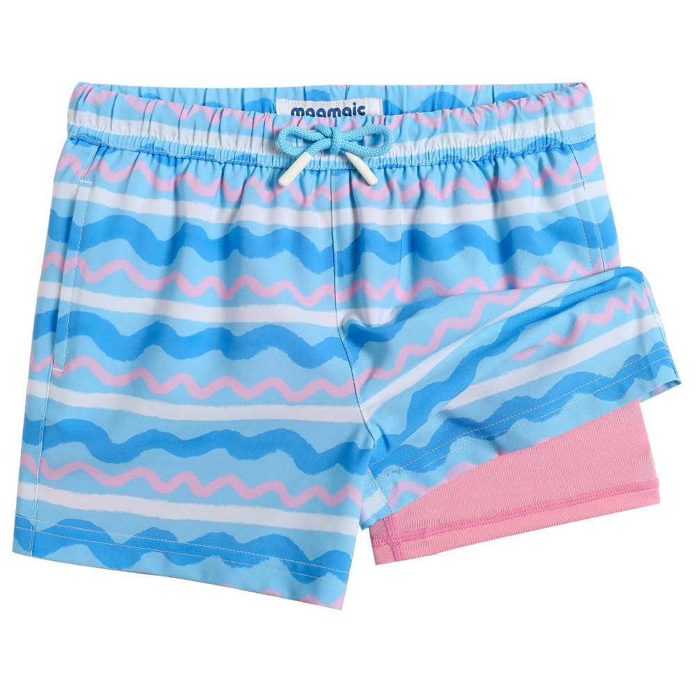 maamgic Boys Swim Trunks with Compression Liner Toddler Boy Swimsuit Quick Dry 4-Way Stretch Swimming Trunks Colorful Wave Line 7 Years