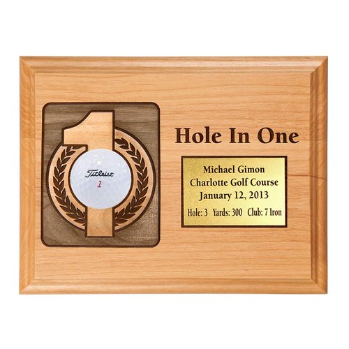 Eureka Golf Products Hole-in-One Laser Etched Plaque with Engraved Plate | Natural Wood | Made In USA
