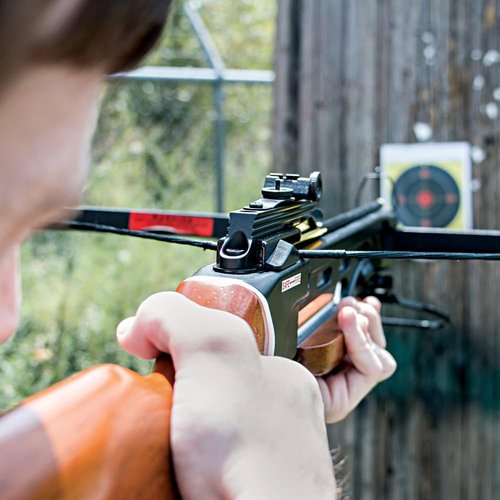 Avalanche® Trail Blazer Crossbow | 150-lb Draw Weight | Aluminum Frame | Wooden Rifle-Style Stock | Adjustable Aiming Sights | Mounting Rail | Tough Fiberglass Limb | Includes Two Bolts