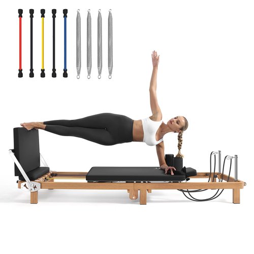 Foldable Pilates Reformer Machine, 90% Pre-Assembled Pro Pilates Equipment，Adjustable Spring + Latex Resistance, 88in Extended Imitation Wood Frame with Jumpboard for Home Gym Women Men Exercise Use
