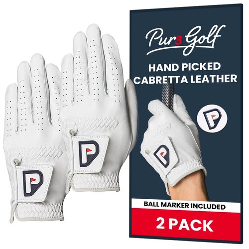 PUR3 2 Pack Golf Gloves Men Right Handed Golfer | Real Genuine Cabretta Leather Glove - Super Soft Feel - Ball Marker Included - Size Medium Large