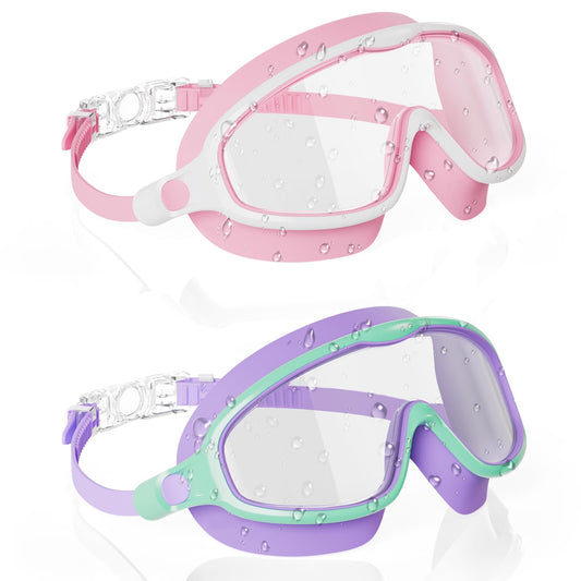 Aegend Swim Goggles 2PCS Wider Vision Swimming Goggles for Kids 3-14 (Pink & Purple)