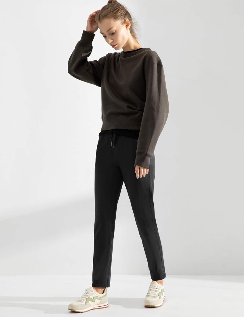 AJISAI Joggers for Women Petite/Regular 7/8 Travel Golf Pants with Pockets - Black, Large