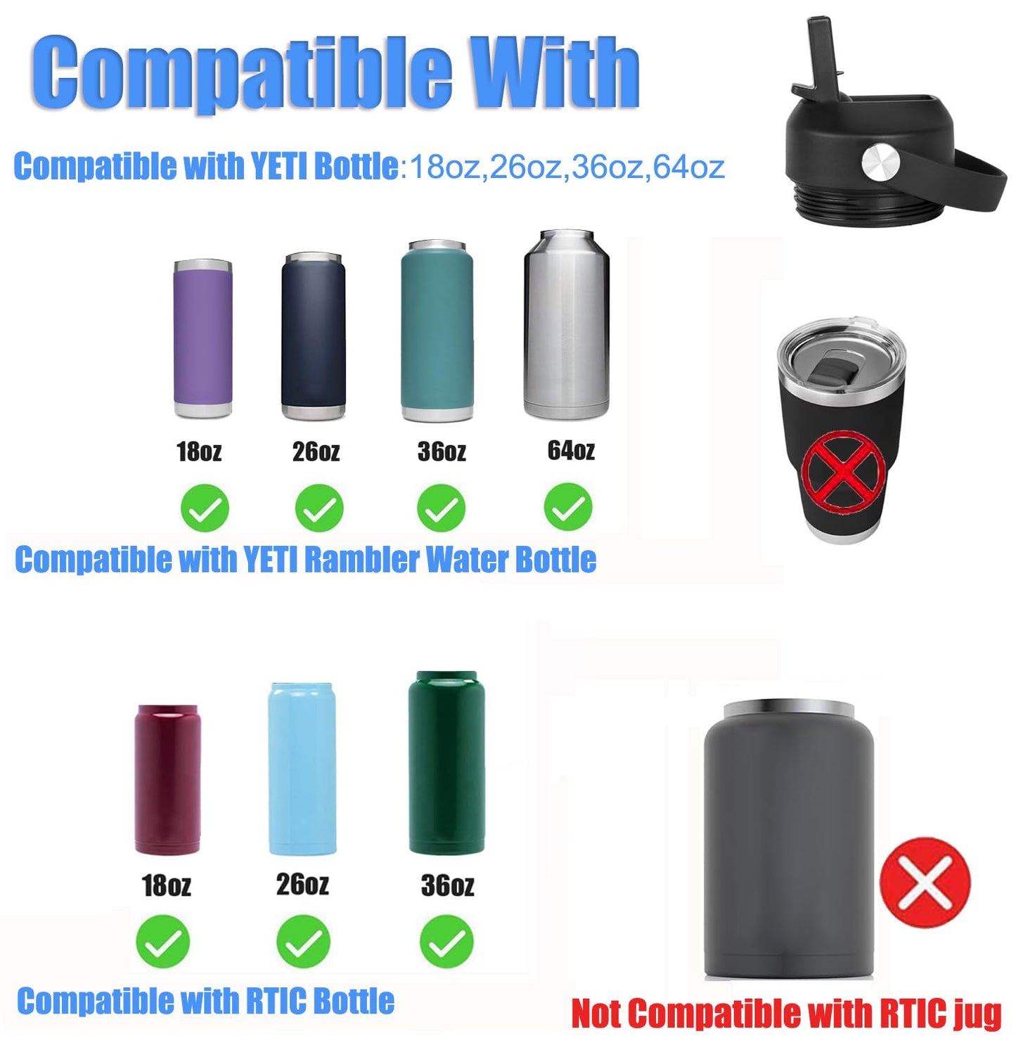 POYAKU Auto Spout Lid for Yeti Rambler 12/18/26/36/46/64 Oz Chug Cap Replacement with Soft Handle for RTIC | Leakproof | BPA Free | Dishwasher Safe (Aotu Spout Lid, Black)