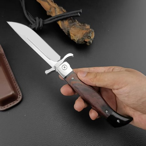 Tongedge Folding knives Tactical Knife, 440C Steel 4'' Blade, Wood Handle, 10.8'' Extended Length, With Leather Sheath