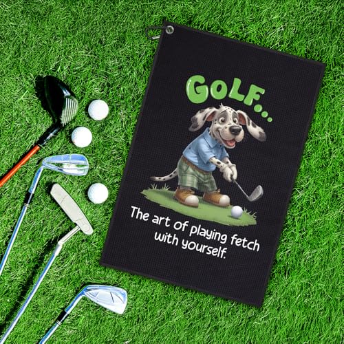 Golf Towels with Clip - Art of Playing Fetch with Yourself in Black