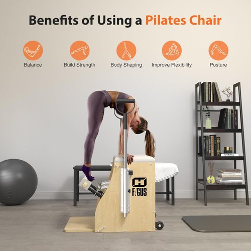 FAGUS H Pilates Pro Chair, Split-Pedal Stability Combo Chair with Handles, Yoga Fitness Trainer, Pilates Reformer Machine, Pilates Equipment Perfect for Home Use & Gym Workout, Burlywood / White Pad