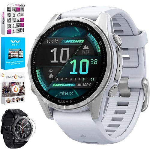 Garmin 010-02903-00 Fenix 8 43 mm, AMOLED, Silver with Whitestone Silicone Band Bundle with Tech Smart USA Fitness & Wellness Suite + Round Tempered Glass Screen Protector