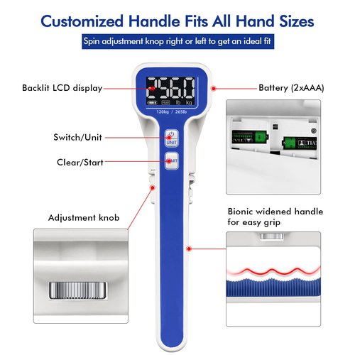 Handexer Grip Strength Tester 265lb/120kg, Digital Hand Dynamometer FDA Registered with Backlit LCD for Grip Strength Testing and Training