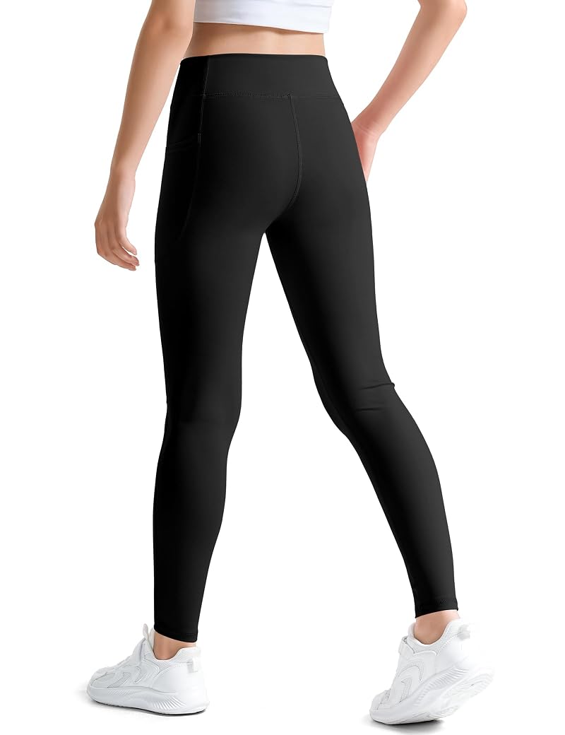 High Waist Girls Athletic Leggings with Pockets - Black, 11-12 Years