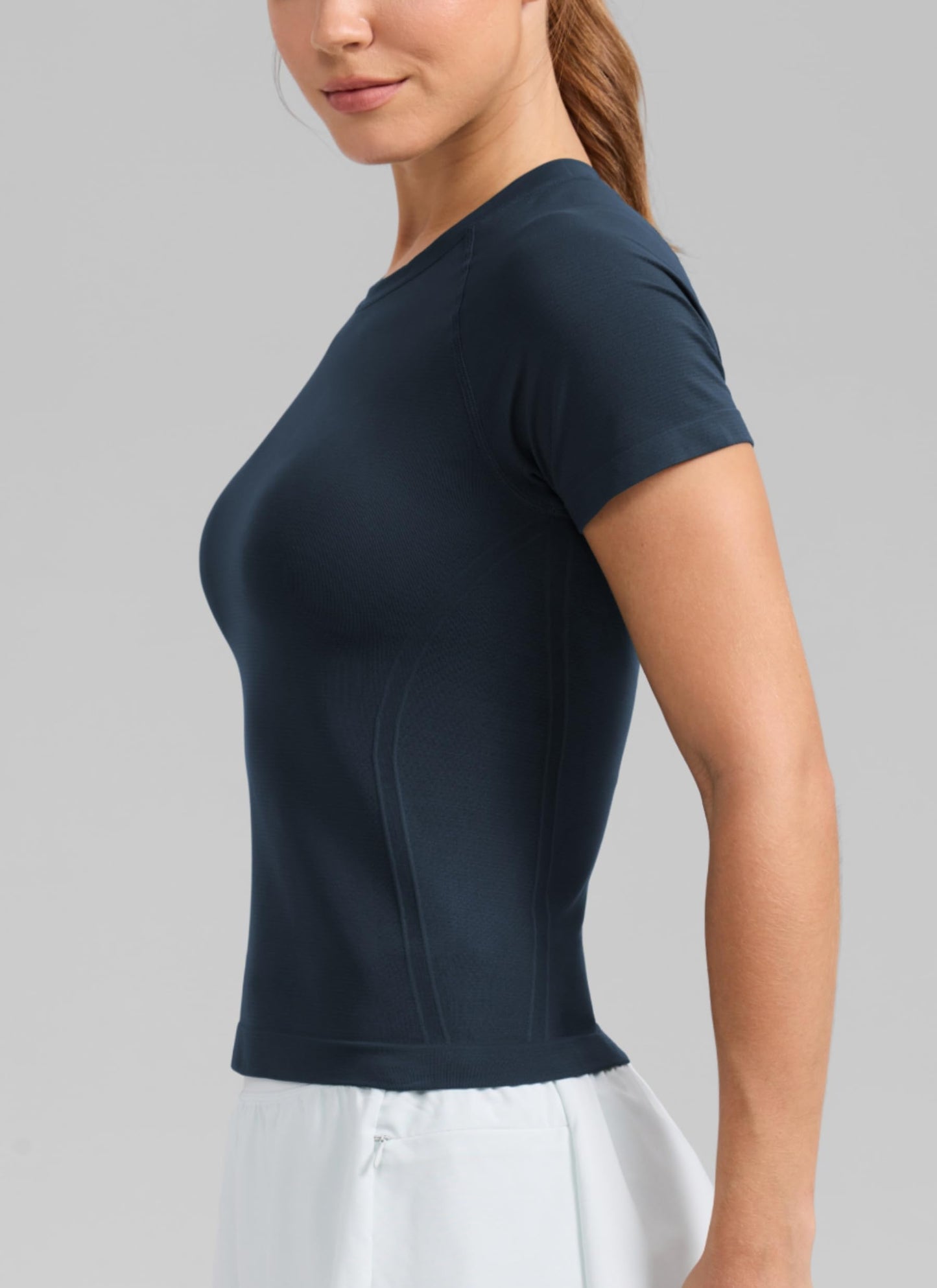 CRZ YOGA Seamless Workout Tops for Women Waist Length - Running Gym Athletic Yoga Short Sleeve Shirts Breathable Crewneck Twilight Blue Medium