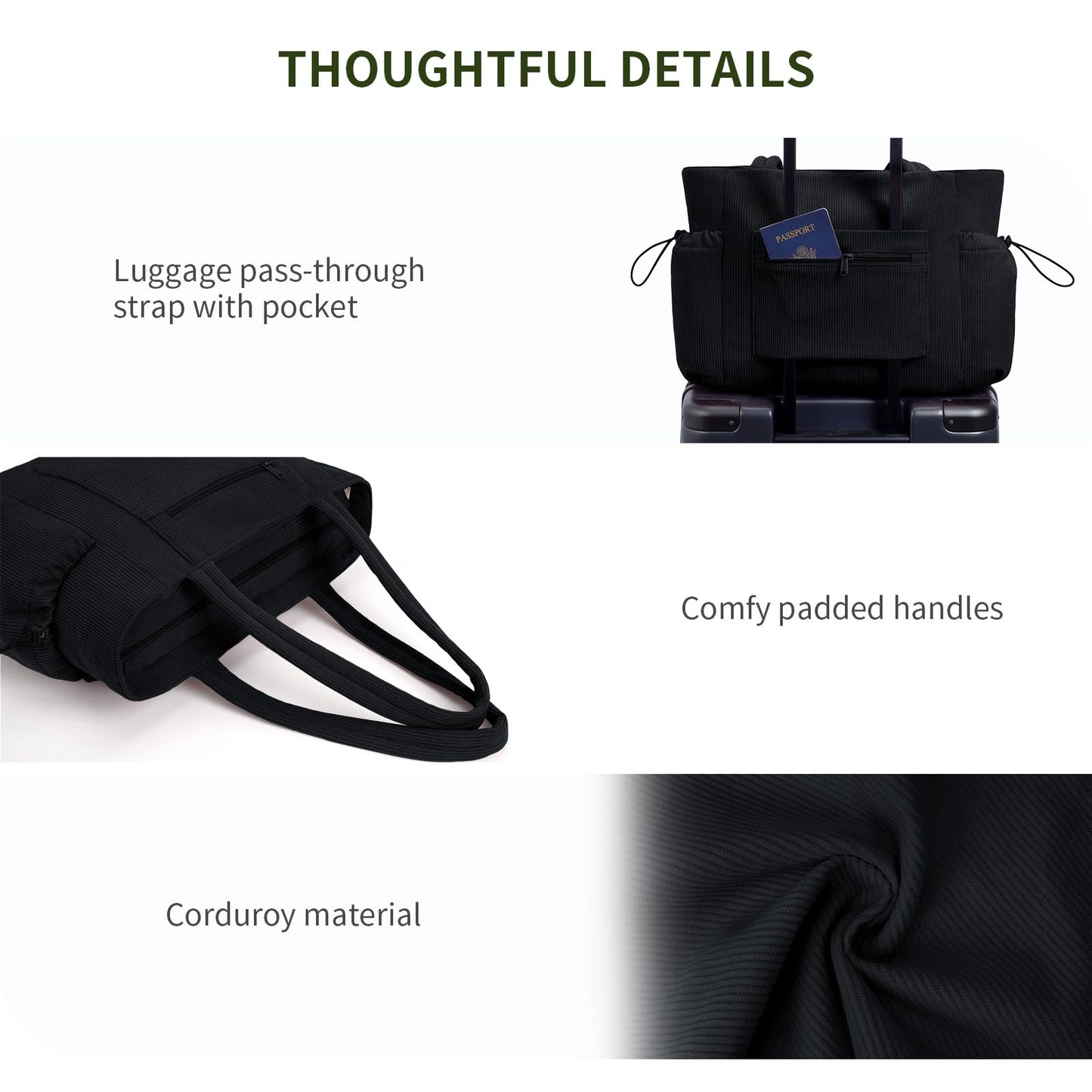ECOHUB Oversize Work Tote Bag for Women with 40oz Cup Holder Corduroy Laptop Tote Teacher Nurse Bag for Office College Travel Black