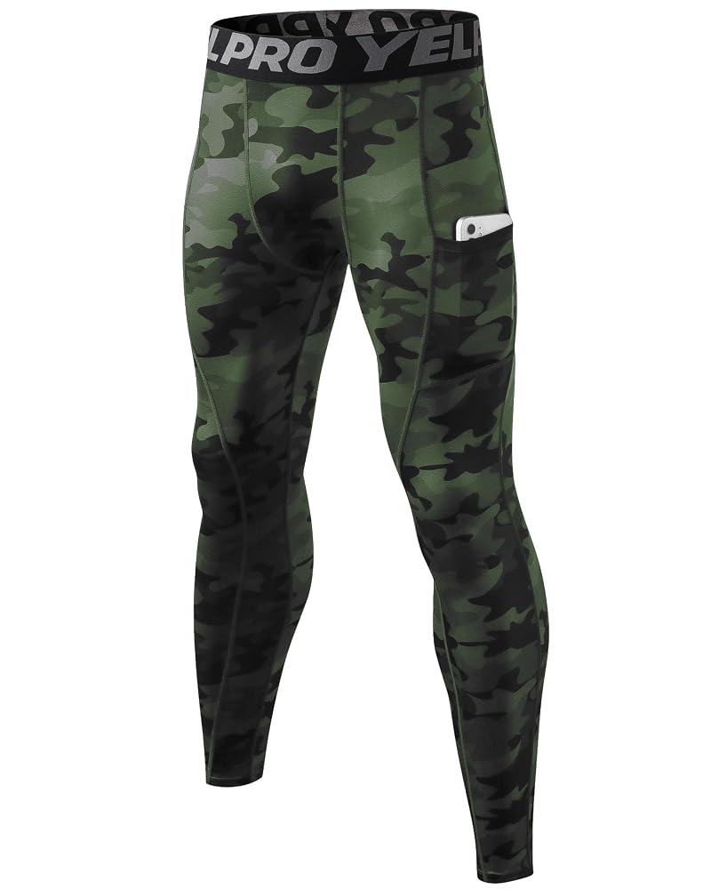 Compression Pants for Men with Phone Pocket - SPVISE 4-Way Stretch Run Tights Camouflage Green Large