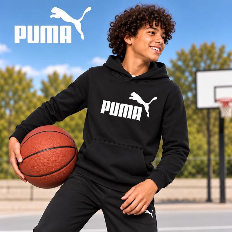 Puma Boys Fleece Hoodie Pullover with Kangaroo Pocket - Black Core+8