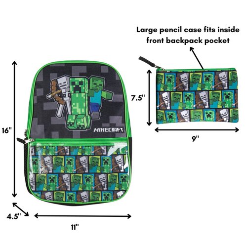 Minecraft Backpack Set with Lunch Box for Boys & Girls, 16 inch, 5 Piece Value Set