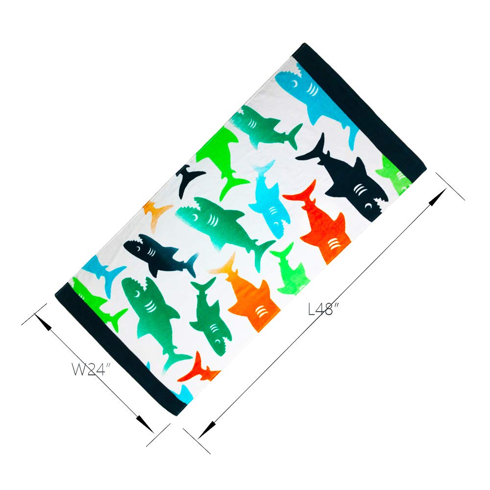 YIFONTIN Kids Beach Towel Super Soft Absorbent Cotton Velour Terry Blanket Throw 24"X48" for Bath Travel Camping Picnic Swimming Pool, Shark Group.