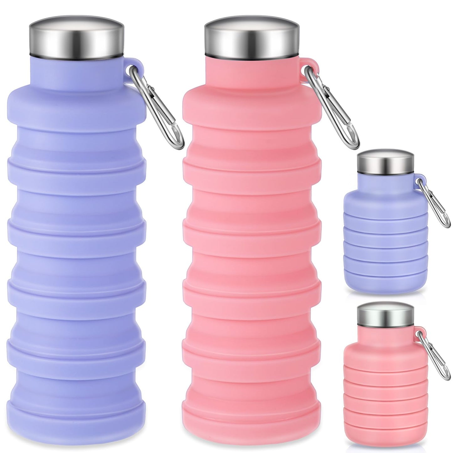 Baderke 2 Pcs Collapsible Water Bottles 17oz Silicone Travel Foldable Portable Water Bottle with Buckle Silicone Lightweight Reusable Leakproof for Camping Hiking Cycling Sport(Purple, Pink)