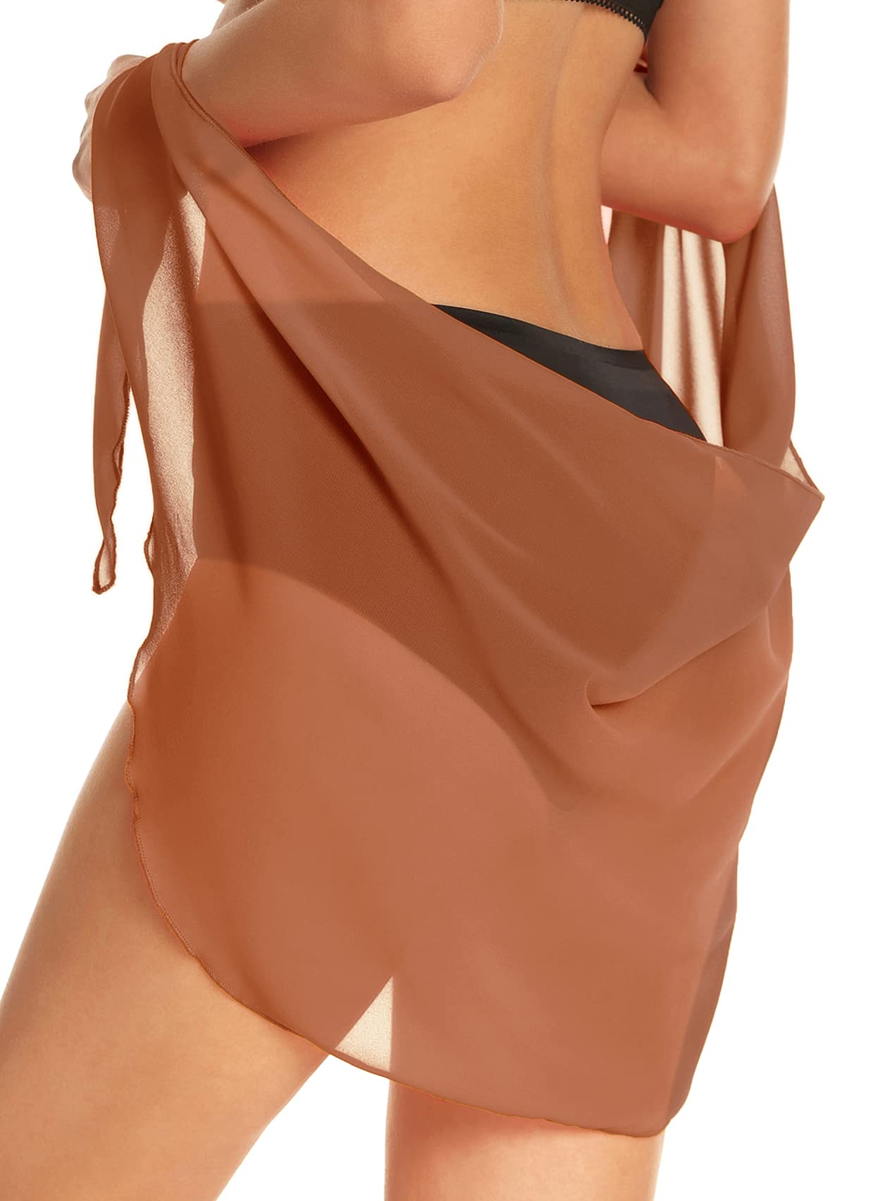 2 Pieces Sarong Cover Ups for Women Beach Bathing Suit Wrap Sheer Short Skirt Bikini Chiffon Scarf for Swimwear (Black,Brown)