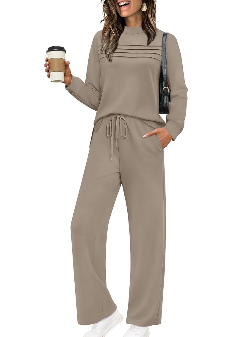 WIHOLL Two-Piece Lounge Set for Women – Long Sleeve Top & Wide Leg Pants, Side Slit, Travel/S Vacation Outfit, Variation: A Coffee+Large