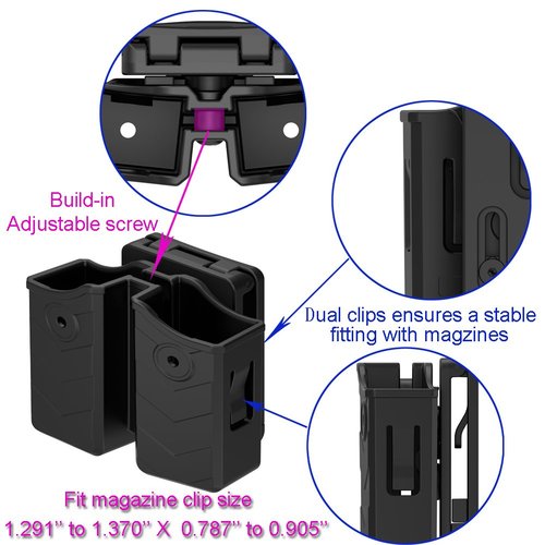 Universal Double Magazine Pouch, 9mm .40 Double Stack Mag. Holder Dual Holster with 1.5''-2'' Belt Clip for Glock Sig sauer S&W Beretta Browning Taurus H&K Most Pistol Mags