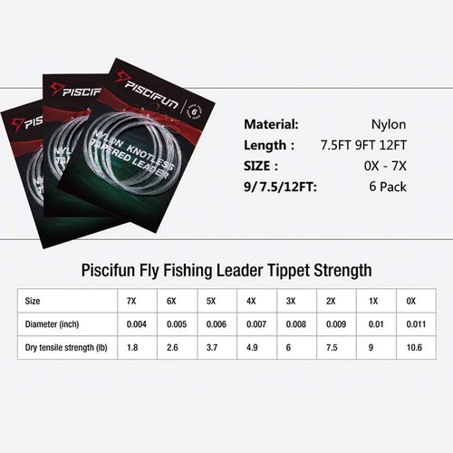 Piscifun Fly Fishing Leader with Pre-Tied Loop, Tapered Fly Line Leader, Nylon, Clear, 9ft, 6 Pack, 5X