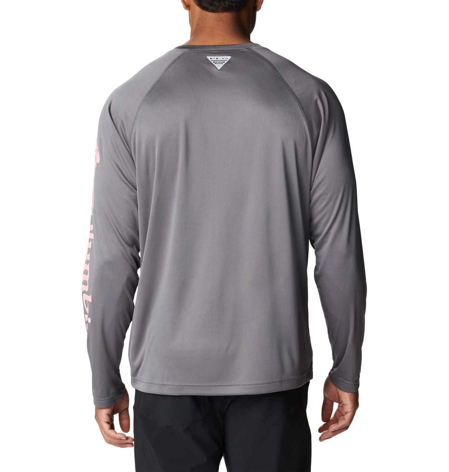 Columbia Men's Terminal Tackle Long Sleeve Fishing Shirt, City Grey/Pink Pop Logo, Small