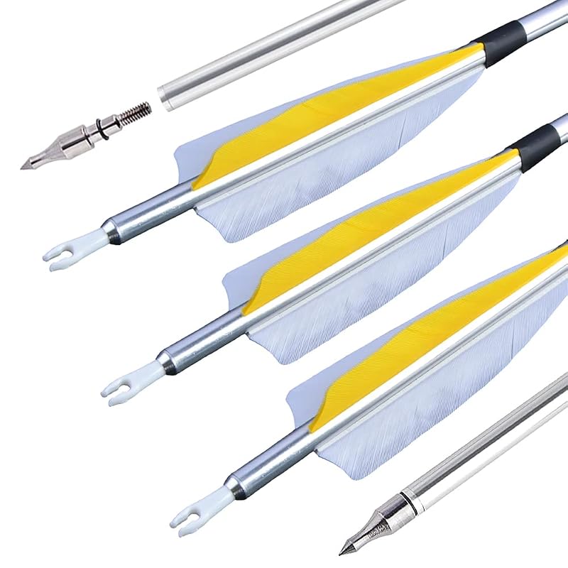 31in Aluminum Archery Arrows 500 Spine with Removable 100gr Tips, Turkey Feather Fletching - 6/12 Pack (Variation: Yellow)
