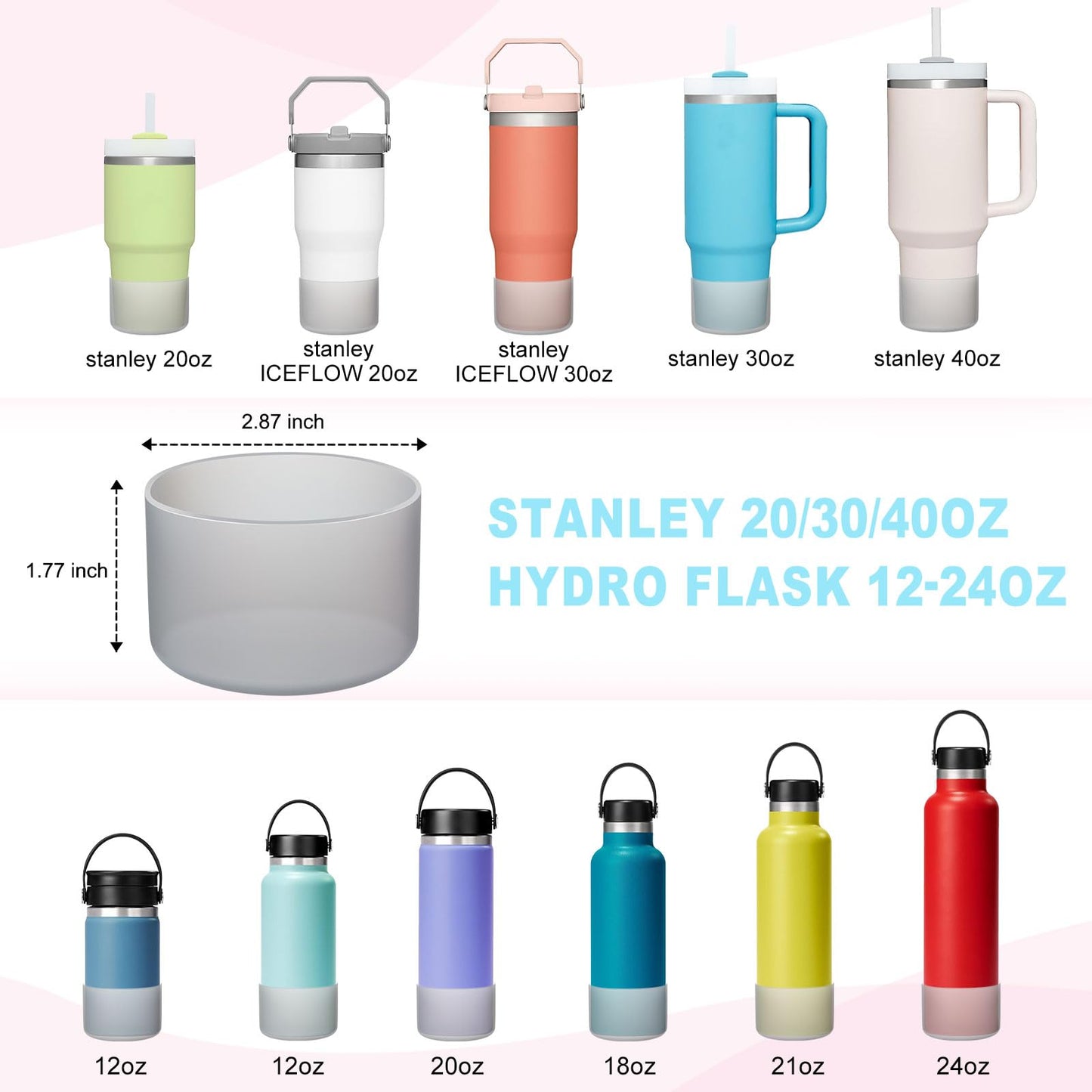 2-Pack Silicone Boot for 40 30 20 OZ Stanley Cup Accessories, Clear Gray Sleeve Cover for Stanley 20OZ 30OZ Tumbler Ice-Flow 16OZ Bottle, Boots for Yeti Cups Protector Bottom Bumper, Anti-Slip