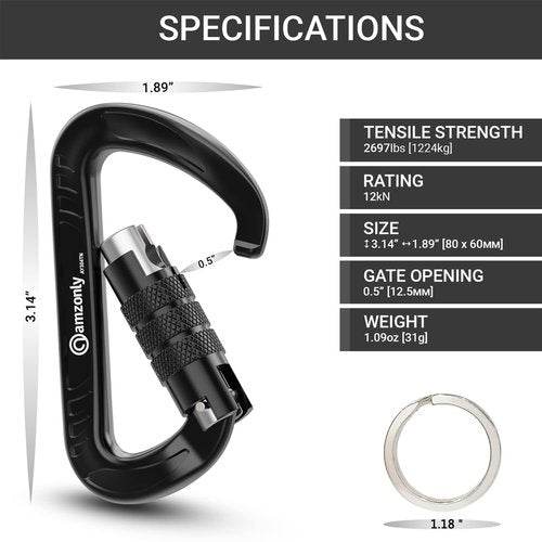 3inch Auto Locking Carabiner Clips Heavy Duty, 12KN /2697lbs Lightweight Keychain carabiners, Sturdy Twist Lock Caribeeners for Camping Hiking Hammock Swing Backpack, Dog Leash and Harness etc, Black
