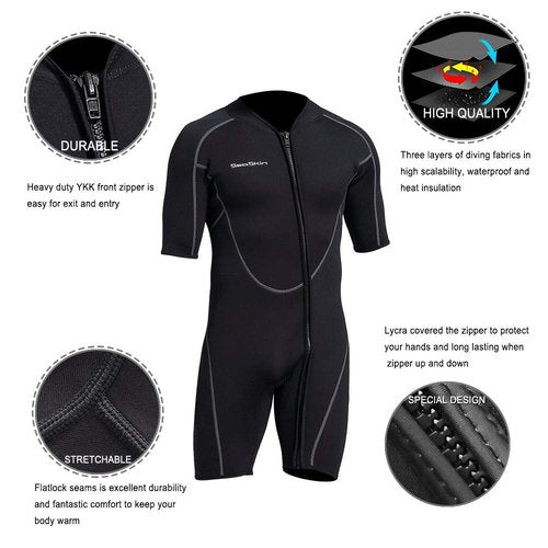 Seaskin Mens 3mm Shorty Wetsuit, Full Body Diving Suit Front Zip Wetsuit for Diving Snorkeling Surfing Swimming Large