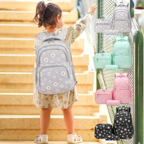 EKUIZAI 3Pcs Daisy Prints Backpack for Girls Bookbag set Primary School Daypack Elementary Students Knapsack with Lunch Box