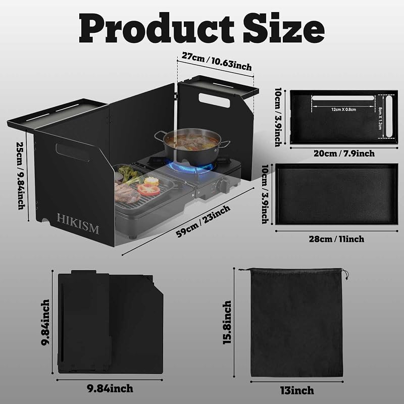 Wind Screen for 2-Burner Camp Stove - 59cm/23in, Black, Folding Steel Windscreen