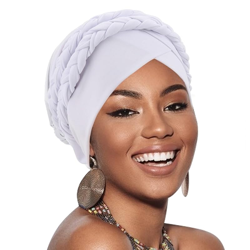 Knotted Head Wrap for Black Women - Double Twisted Braid Turban Beanie 1 Pack (White)