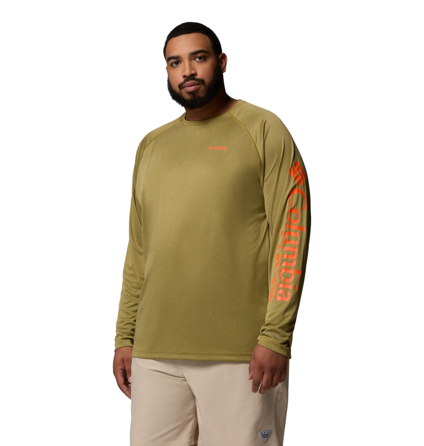 Columbia Men's PFG Terminal Tackle Long Sleeve Fishing Shirt, Grove Green Heather/Spark Orange Logo, 3X Tall