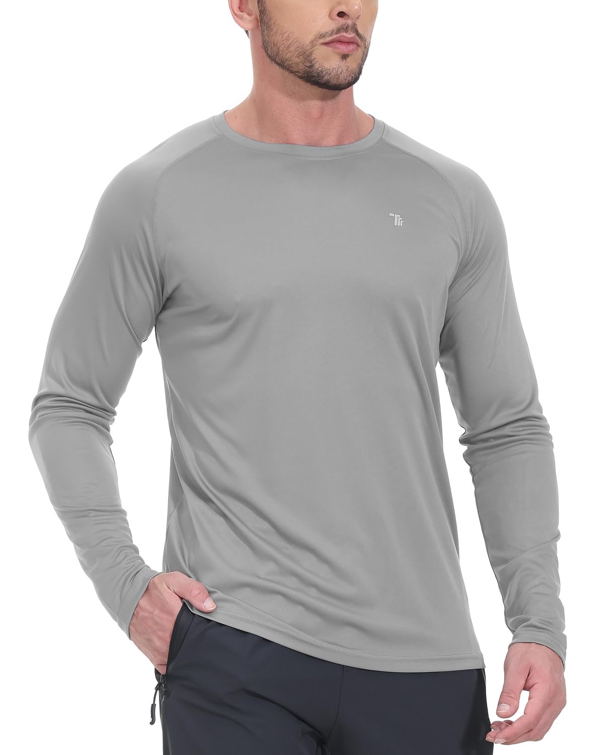 TBMPOY Men's Hiking Shirts Waterproof Dry Fit Athletic T-Shirts SPF Long Sleeve Safari Shirts Outdoor Work Swim Fishing Tops Light Grey XXXL