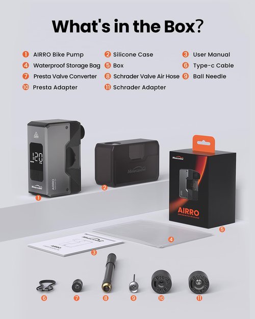 Magicshine AIRRO Mini Bike Pump, Max 120 PSI Electric Bicycle Pump, Auto Stop, with Digital Pressure Gauge with Presta and Schrader Valve for Road, Mountain, City, E-Bike and Ball