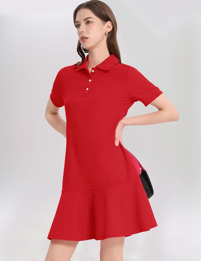 Women's Polo Dress Casual Summer Golf Tennis Mini Shirt Dress - Red, Small