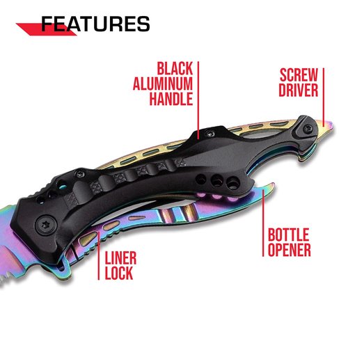 Tac-Force Folding Pocket Knife, 3.25-inch Serrated Rainbow Blade, Black Aluminum Handle, 7.75-inch Overall Length TF-705RB