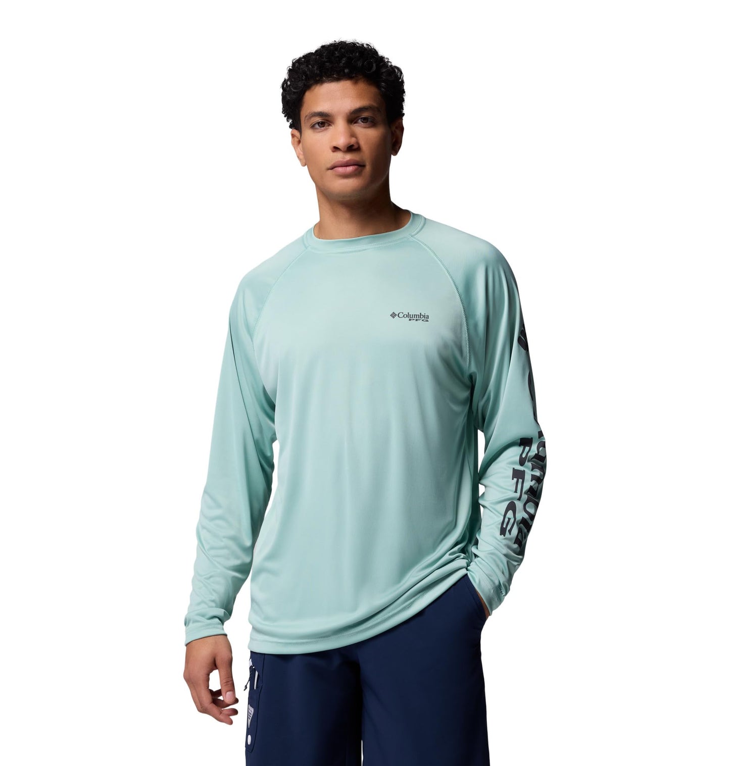 Columbia Men's PFG Terminal Tackle Long Sleeve Fishing Shirt, Misty Jade/Shark Logo, 2X