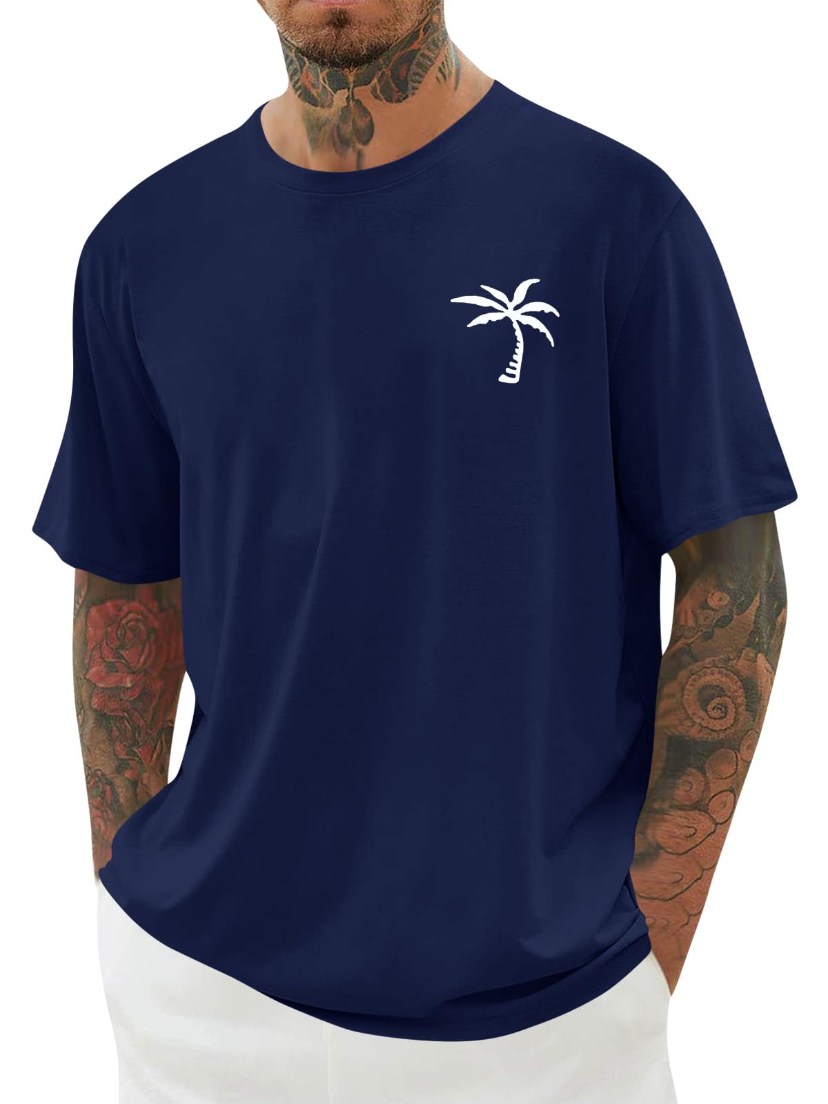 iudam Mens Short Sleeve T-Shirt Graphic Loose Fit Tee Crew Neck Palm Tree Summer Shirts (Navy Blue,XL)
