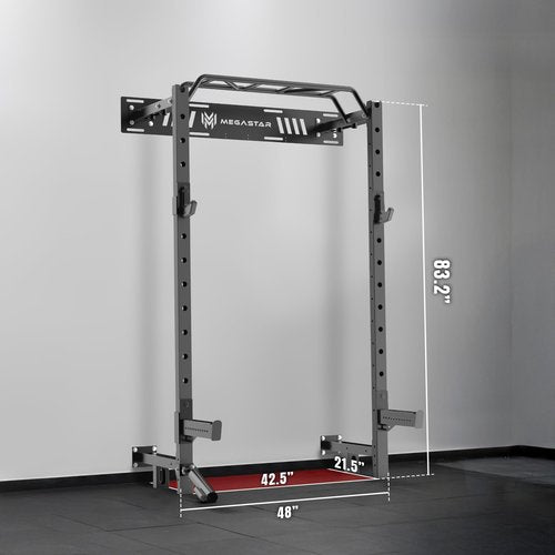 MEGASTAR Wall Mounted Power Rack 50x70mm Commercial Steel Compact Home Gym with Sandwich J-Cup, Safety Arm and Landmine Attachments for Home and Garage Gym, P55 Black