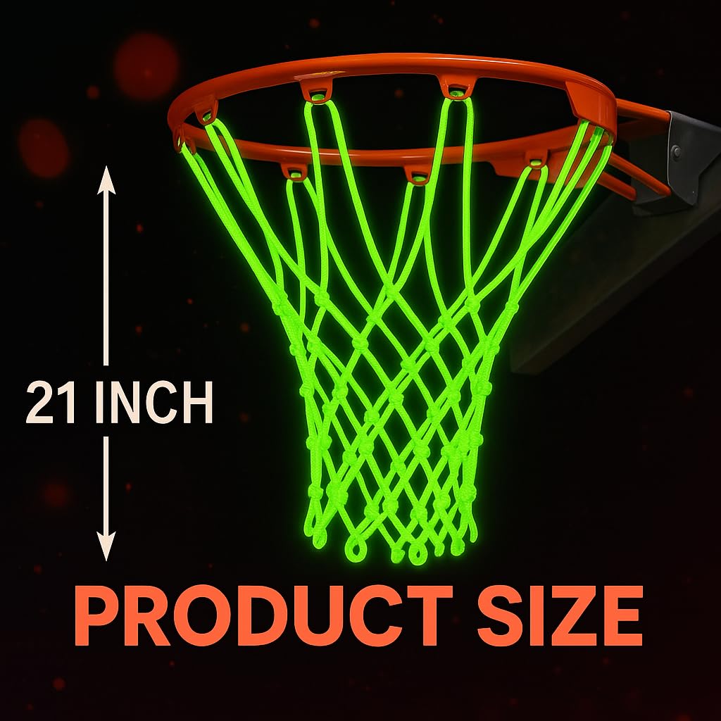 2PCS Glow in The Dark Basketball Net - Heavy Duty Outdoor Nightlight Light Up Basket Ball Hoop Net Replacement - Nylon Net Anti-Whip 12 Loops for Pool Beach Backyard - Sports Stuff Accessories Gifts