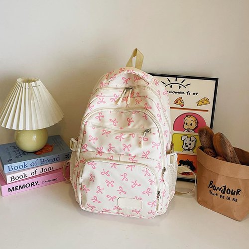 Cohawk Bow Backpack for Women Coquette Aesthetic Nylon Rucksack Cute Kawaii Backpack 3Pcs Set With Bow Pattern
