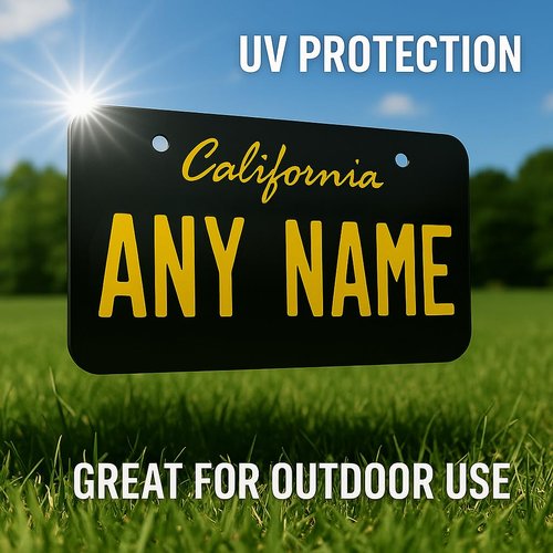 Personalized California Mini State License Plate, Custom Name, Text or Number Plate, Customized Bike Accessories, Kids Toy Car Signs, and Gift, Made in The USA (3x6, Aluminum, Black & Yellow)