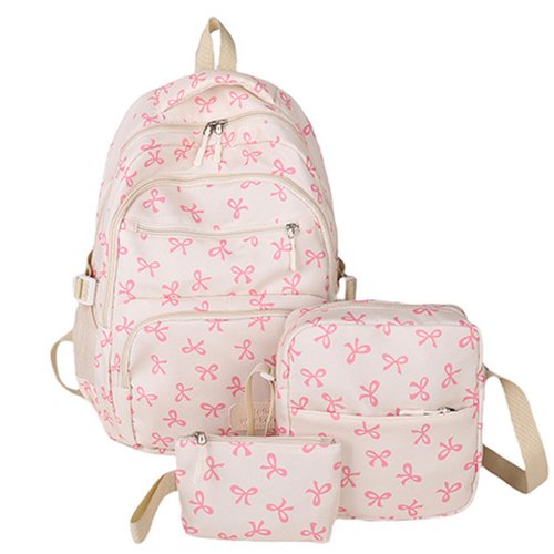 Yaxhsi Bow Backpack 3Pcs Set for Girls, Aesthetic Daypack Bow Rucksack, Cute Backpack Set Large Capacity (Pink)