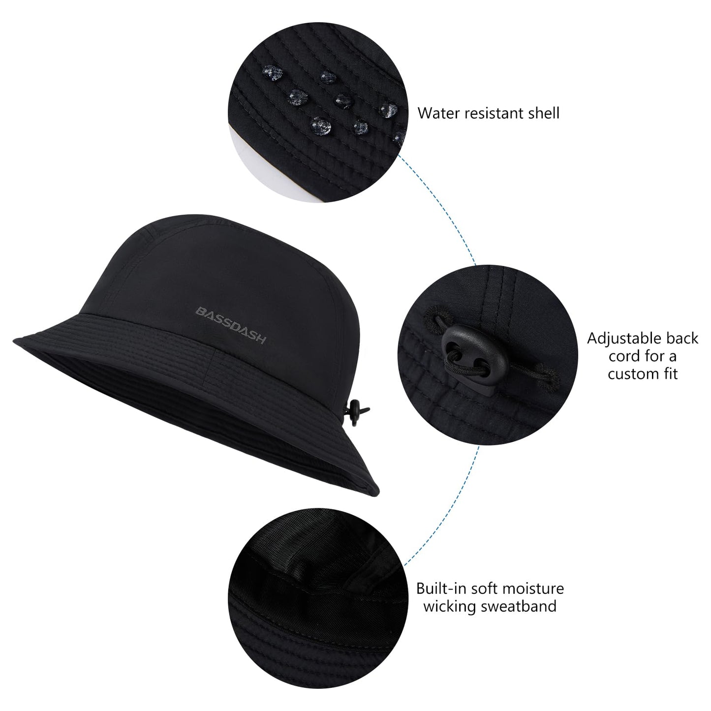 BASSDASH UPF50+ Fishing Bucket Hat for Men Women Lightweight Water Resistant Packable Outdoor Summer Sun Hats FH13 Black
